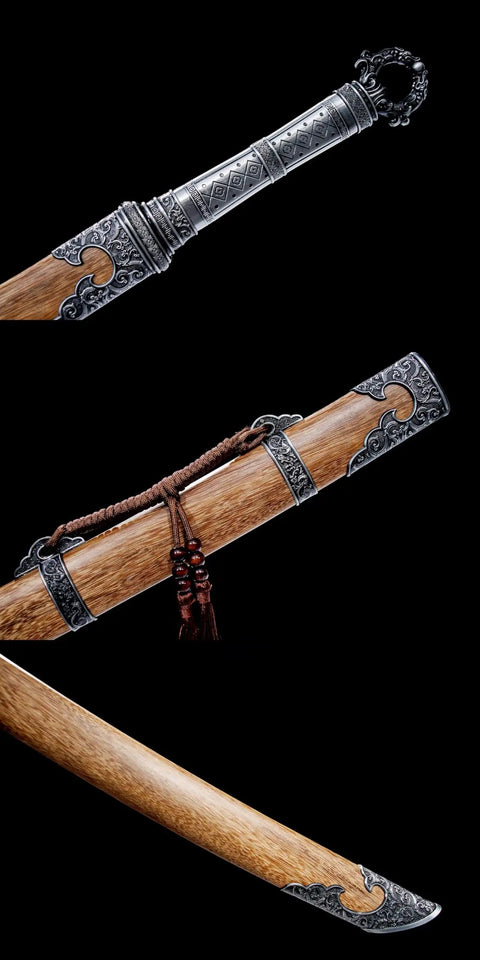 Close-up of Xiuchun Dao Chinese Sabre Hand Forged Manganese Steel With Teak Wood Scabbard And Textured Alloy Fittings 42.9 Inches