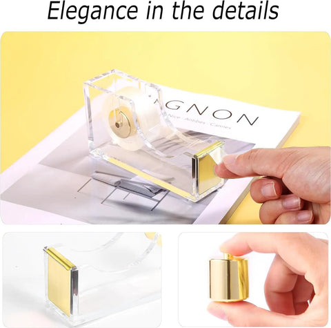 Gold Desk Organizer Set With 360 Degree Rotating Pen Holder Acrylic tape holder on a desk with magazine, close-up view