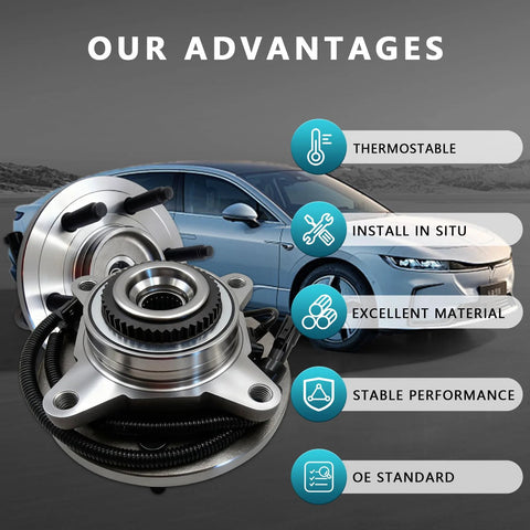 Front Wheel Bearing Hub Assembly 515119 For 2009 2010 Ford F-150 4WD 2 Pack Front Left And Right displayed with car background and advantages
