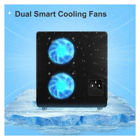 Dual Channel Adjustable Lab Power Supply 30V 10A With Independent CV and CC, featuring dual smart cooling fans on ice background.
