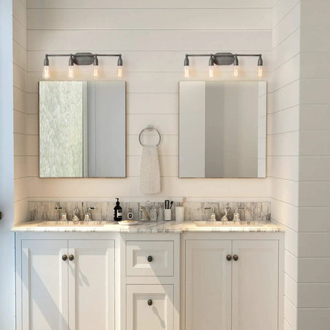 Dope Industrial Water Pipe Vanity Light 4 Head Wall Lamp Dark Silver Finish above double bathroom mirrors on white wall