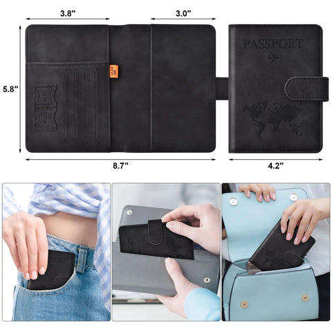 Must Have Passport Wallet With Magnetic Button Closure For Travel Essentials in black PU leather showing passport pocket and luggage use.