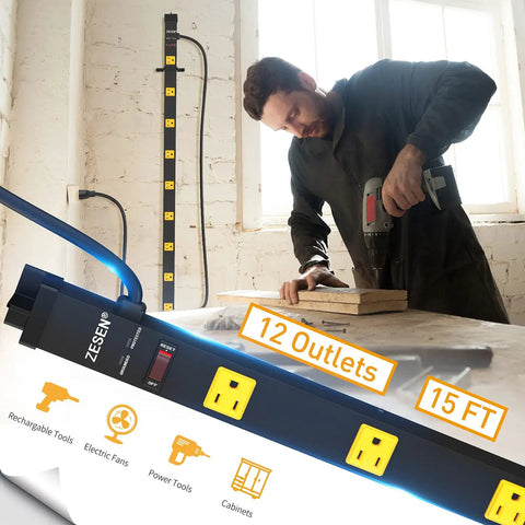 Heavy Duty 12 Outlet Industrial Power Strip With Wide Spaced Outlets And A 15 Foot Cord, 2100 Joules Surge Protection, 15A Circuit Breaker, Double Pole Protection, Metal Housing For Workshop Garage And Office Gear, wall-mounted in workshop