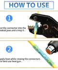 Instructions for using Waterproof Heat Shrink Butt Connectors Kit For Automotive And Marine Wiring With 130 Pcs Of Electrical Wire Splice Crimp Terminals Durable Moisture Resistant Seals Easy Install Secure Connections For Outdoor Use, showing crimping and heating steps.