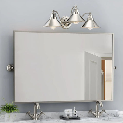 Welton 25.5 Inch Three Light Modern Farmhouse Vanity Light With Funnel Shades Gooseneck Industrial Wall Sconce over bathroom mirror