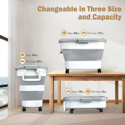 Collapsible Airtight Rice Storage Container With Cup And Scoop, Versatile 10-40 Lb Capacity, three sizes on display