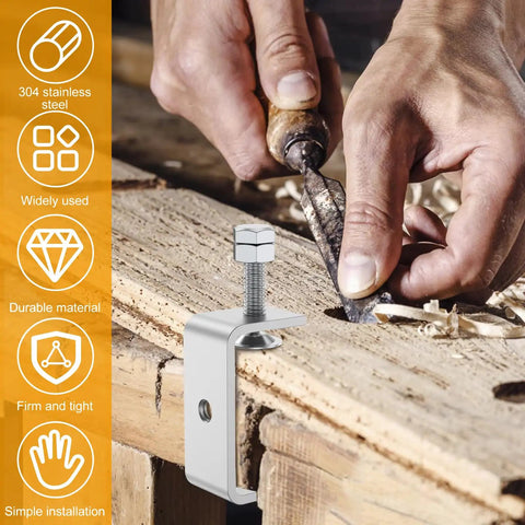 Heavy Duty 304 Stainless Steel C Clamp Set Of 2 Tiger Woodworking Clamps with wide jaws securing wood during crafting.