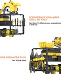 Power Tool Organizer Wall Mount For Garage Heavy Duty Metal Tool Shelf storing screwdrivers, drill bits, and pliers.