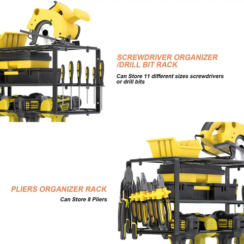 Power Tool Organizer Wall Mount For Garage Heavy Duty Metal Tool Shelf storing screwdrivers, drill bits, and pliers.