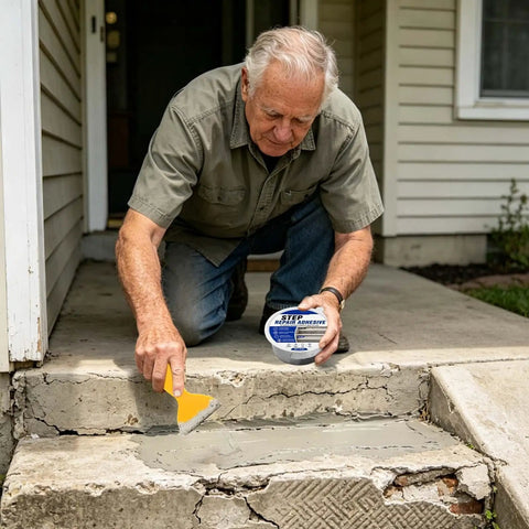 Person applying Heavy Duty Concrete Crack Filler And Cement Repair Paste to damaged steps using a trowel.