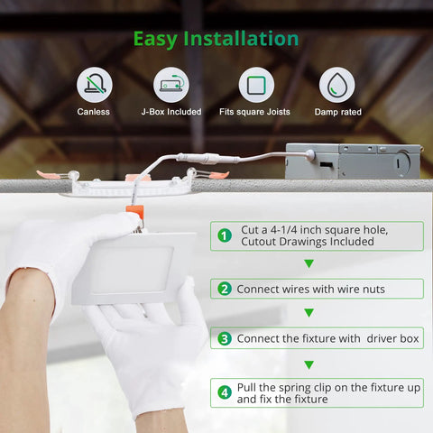 Installation steps for Six Pack LED Recessed Ceiling Lights With Junction Box Ultra Thin Square Downlights 5CCT 2700K To 5000K