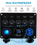 5 Gang 12V Marine Rocker Switch Panel With Waterproof Build, USB Touch Switch And Dual QC3 USB Ports For Boats, Power Saver Toggle, Blue LED Indicator, black panel with voltmeter