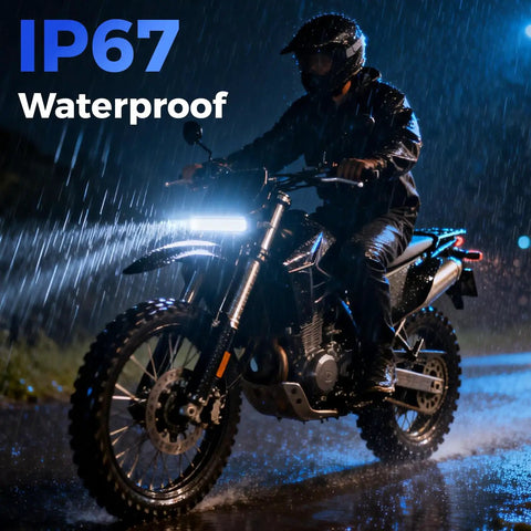 Rock Solid 6 Inch Led Flood Light Bar With 60 Degree Beam, Built Like A Tank IP67 Waterproof Aluminum Housing, Deadly Bright 6000K Cool White 18W Led Pods With Stainless Brackets, 1 Pack in rain on motorcycle.
