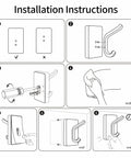 Installation instructions for Rustic Wood Adhesive Wall Hooks Four Pack Heavy Duty Sticker Hangers with detailed visuals.