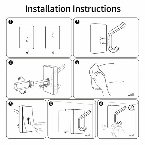 Installation instructions for Rustic Wood Adhesive Wall Hooks Four Pack Heavy Duty Sticker Hangers with detailed visuals.