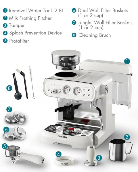 Espresso Machine With Grinder And Milk Frother For Home Use 20 Bar Pressure Vintage Cream Finishing Built In Grinder With Accessories
