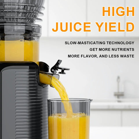 Kiamith 300W Cold Press Juicer With Huge 5.8 Inch Wide Feed Chute For Whole Produce High Torque Masticating Slow Speed Extractor pouring fresh juice into a glass.