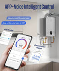 Whole House Gas Tankless Water Heater Shoots Out Instant Hot Water At 7.9 Gallons Per Minute With A Serious 180000 Btu Rating For Nonstop Family Flow Without The Cold Shower Blues, showing app control features.