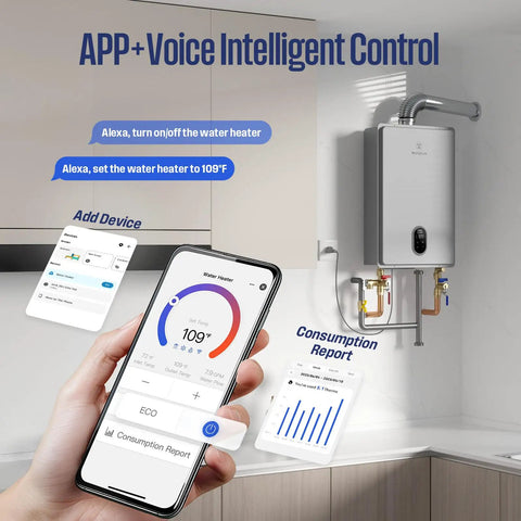 Whole House Gas Tankless Water Heater Shoots Out Instant Hot Water At 7.9 Gallons Per Minute With A Serious 180000 Btu Rating For Nonstop Family Flow Without The Cold Shower Blues, showing app control features.