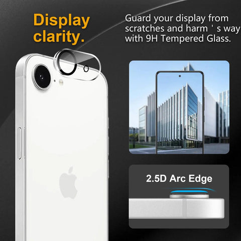 Three Pack Camera Lens Protector For iPhone 16e And iPhone 17e, Tempered Glass 9H, applied to rear lens, showing clarity in use.