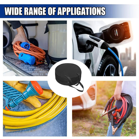 16 Inch Round Cable Organizer Bag For EV Cords And Jumpers, Waterproof 600D Oxford Storage Case shown with various cables