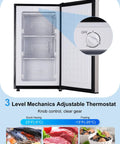 Slick 3.2 Cu Ft Upright Mini Freezer In Silver With No Fuss Design And Rapid Cool Down For Apartments Rv Trailers And Home Bars showing adjustable thermostat and shelves.