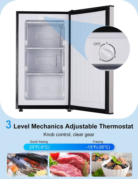 Slick 3.2 Cu Ft Upright Mini Freezer In Silver With No Fuss Design And Rapid Cool Down For Apartments Rv Trailers And Home Bars showing adjustable thermostat and shelves.