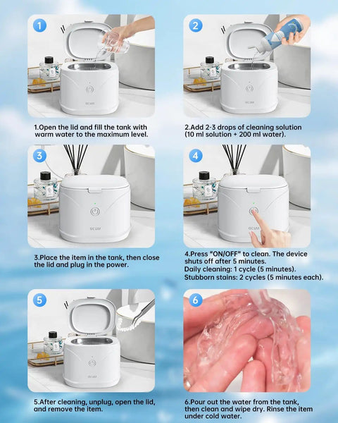 Ultrasonic Retainer Cleaner 46kHz 2-in-1 Jewelry and Dental Cleaning Machine, step-by-step usage guide displayed