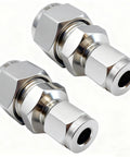 Two Lophtnix 304 stainless steel compression reducing unions, 1/4 to 3/8 in OD, double ferrule, chrome finish