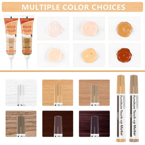 All In One Wood Repair Kit With 6 Oak Color Fillers, 6 Touch Up Markers, assorted shades displayed