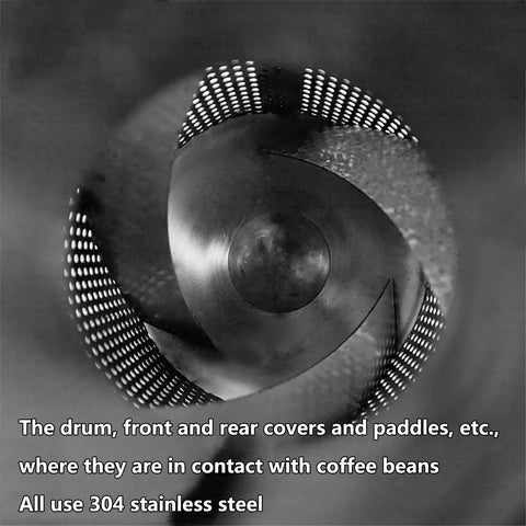 Built Tough Electric Coffee Bean Roaster Featuring Precision Thermometer Probe And Heavy Duty Stainless Steel Construction Ready To Crush Beans Chestnuts And Grains Daily showing 304 stainless steel drum and paddles.