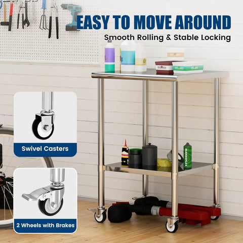 Stainless Steel Rolling Work Table With Wheels 24x24 Inch NSF Certified Pro Grade Heavy Duty 34 Inch Tall With Adjustable Undershelf For Commercial Restaurants Garages And Outdoor BBQs