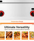 Pro Grade 6L Commercial Gas Deep Fryer With Dual Temperature Control showing temperature range and cooking options.