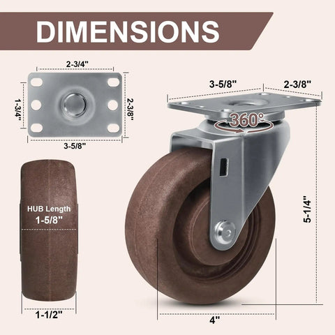 Dimensions of Built Like A Tank High Temp Caster Wheels For Bakery Ovens 570F Heat Resistant Glass Filled Nylon Swivel Rollers.