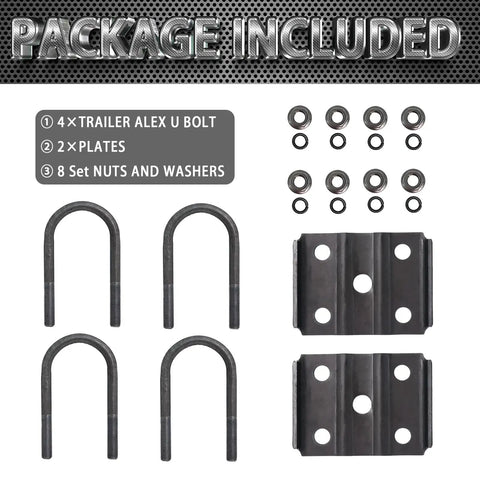Trailer U Bolt Kit For 2-3/8 Inch Round Axle 3500 Lb Capacity 1/2 Inch Diameter 2 Inch Thread Pitch 5-1/2 Inch U Bolts Beefed Up Trailer Hardware For Secure Mounts package contents