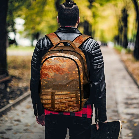 Person wearing Log Cabin Maple Scene Printed Unisex Backpack With Large Capacity, walking on autumn path with skateboard.