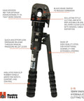 Lightweight Manual Hydraulic Cable Cutter For ACSR Copper Aluminum And Soft Steel Bolts Up To Sixteen Millimeters Five Eighth Inch Cuts Guy Wire Rebar Ground And Anchor Rod Up To Thirteen Millimeters One Half Inch Flip Top Latch Head Rotates with detailed annotations.