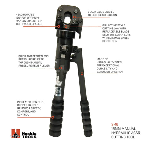Lightweight Manual Hydraulic Cable Cutter For ACSR Copper Aluminum And Soft Steel Bolts Up To Sixteen Millimeters Five Eighth Inch Cuts Guy Wire Rebar Ground And Anchor Rod Up To Thirteen Millimeters One Half Inch Flip Top Latch Head Rotates with detailed annotations.
