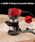 Compact Wood Router Tool With 6.5 Amp 1.25 HP Motor on a wood surface displaying 6 variable speeds control.