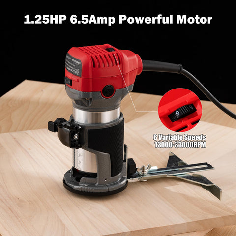 Compact Wood Router Tool With 6.5 Amp 1.25 HP Motor on a wood surface displaying 6 variable speeds control.