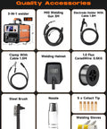 Overview of accessories for Gasless MIG Welder 110V 3 In 1 Flux Core Arc MIG Lift TIG Welding Machine, including cables and helmet.