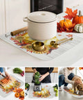 Fall Thanksgiving Dish Drying Mat For Kitchen Counter Yellow Pumpkin Sunflower Wood Grain Look Absorbent Microfiber With Cushioned Surface Machine Washable 16 By 18 Inches Keeps Dishes Glassware And Flatware Dry And Countertop Clean with pot and utensils.
