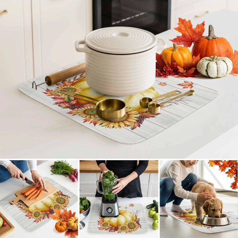 Fall Thanksgiving Dish Drying Mat For Kitchen Counter Yellow Pumpkin Sunflower Wood Grain Look Absorbent Microfiber With Cushioned Surface Machine Washable 16 By 18 Inches Keeps Dishes Glassware And Flatware Dry And Countertop Clean with pot and utensils.