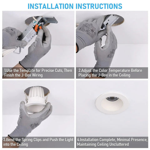 Installation steps for TORCHSTAR 6-Pack 5CCT 4 Inch LED Recessed Lighting, Anti-Glare, CRI90 with J-Box adjustment.