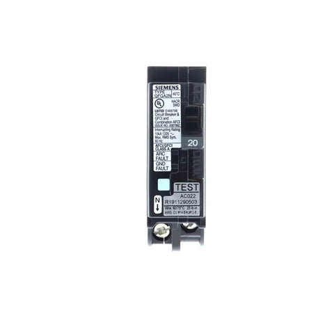 20 Amp 1 Pole Dual Function CAFCI GFCI Circuit Breaker With Plug On Neutral No Fuss Install, front view against a white background.