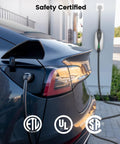 Legit Tesla Level One And Two Ev Charger Featuring Nacs Connector and ETL Certified, plugged into Tesla vehicle, showing safety certifications.