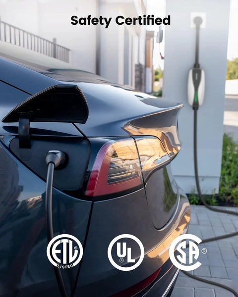Legit Tesla Level One And Two Ev Charger Featuring Nacs Connector and ETL Certified, plugged into Tesla vehicle, showing safety certifications.
