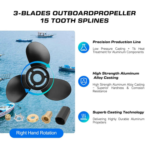 Aluminum Outboard Propeller 13.25 Inch Diameter 17 Pitch 15 Spline Right Hand 3 Blade Hub Kits Included For Mercury 40 To 140HP Engines Premium Quality Construction For Longevity And Quick Acceleration A Real Performance Boost