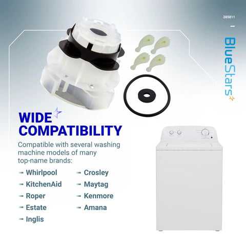BlueStars cam agitator repair kit for Whirlpool/Kenmore washers; white plastic with black gasket and green cams