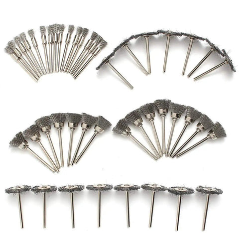 45 Piece Heavy Grade Stainless Steel Wire Brush Set For Drill And Rotary Tools With Badass Rust Removal Grinding Sanding Polishing Accessories Plus Standard One Eighth Inch Collet Fit For Knuckle Busting Jobs And Glossy Results, assorted wire brushes arranged neatly.
